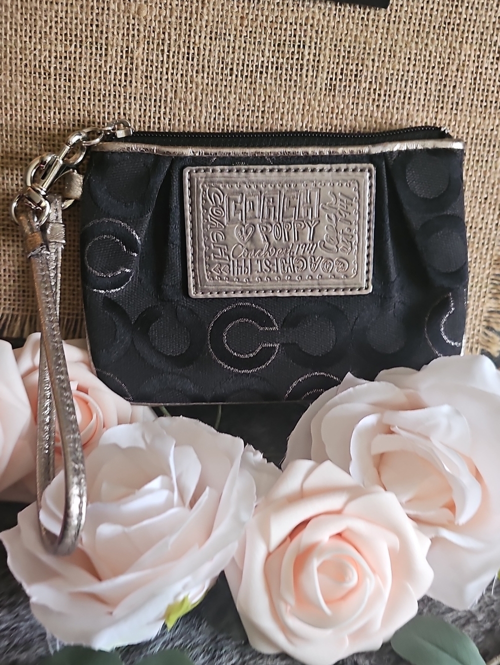 Poppy Coach Black Wristlet with Silver Accents